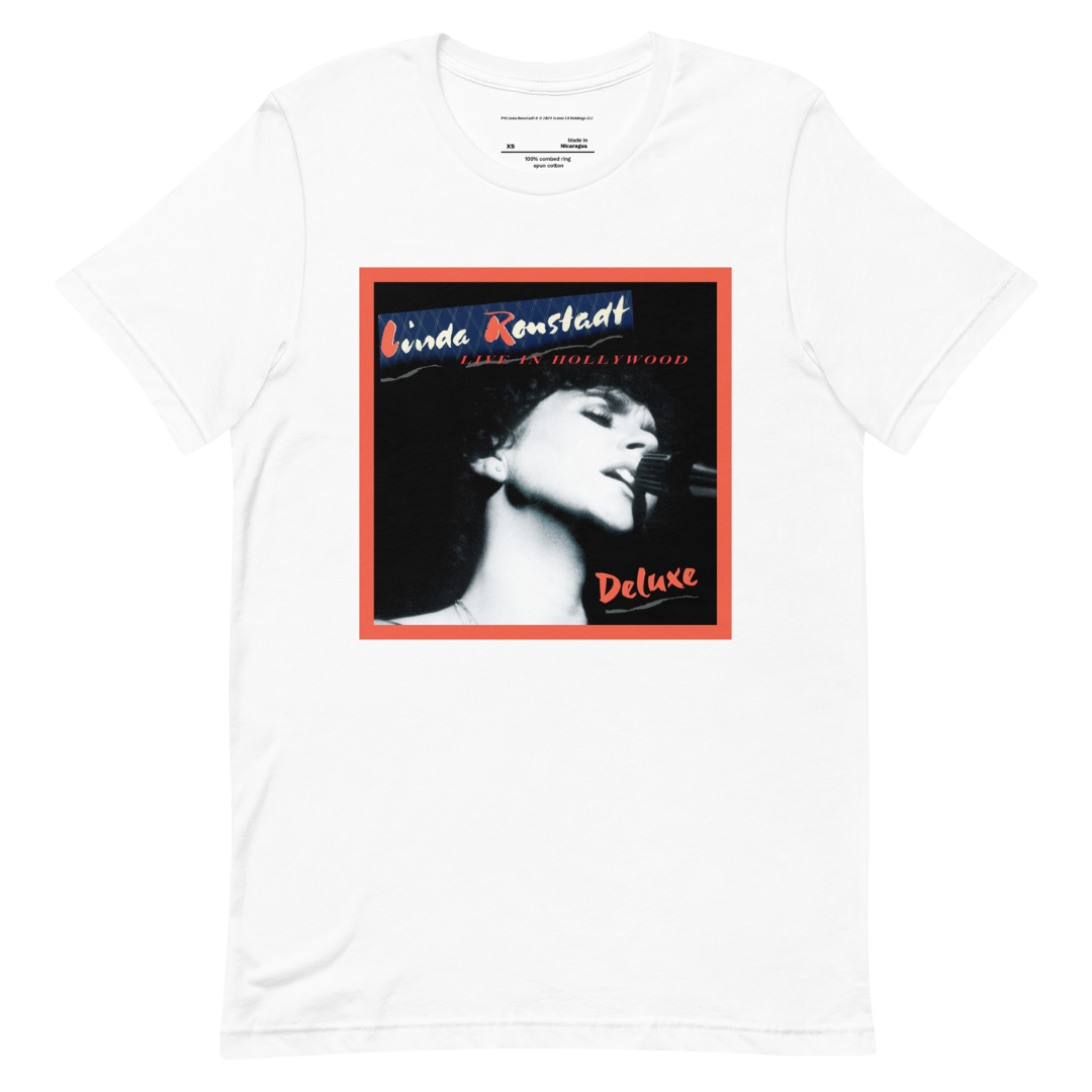 tee-white-"Linda Ronstadt Live in Hollywood deluxe" Linda singing photo