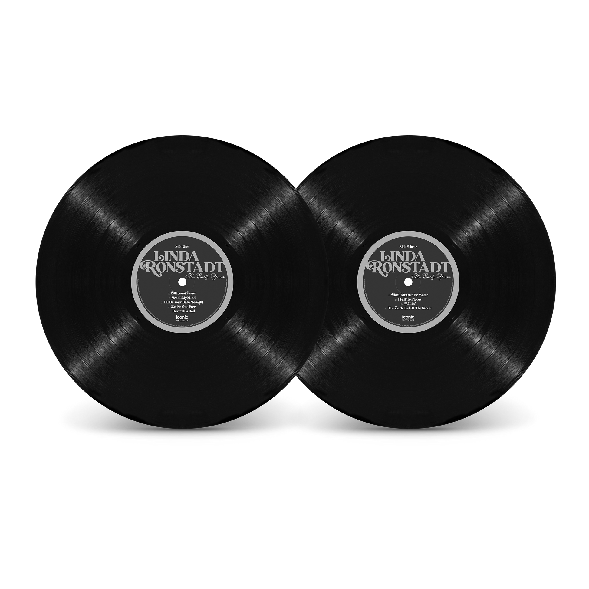 Two black vinyl records with a label on a white background